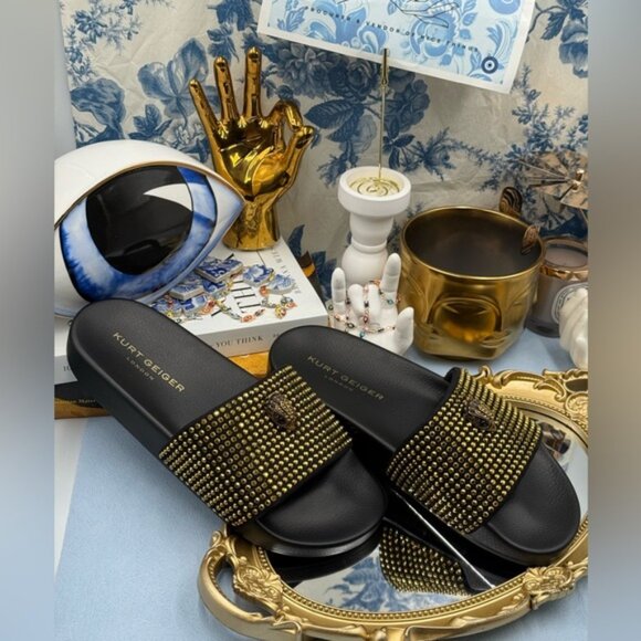 🆕 KURT GEIGER LONDON 🧿 NWOB Meena Eagle Black & Gold Studded Slide, Sz 8.5 - Picture 4 of 12